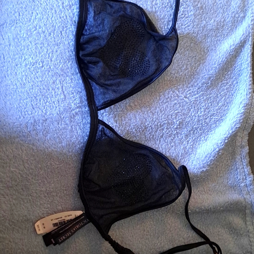 Victoria's Secret bra M with rhinestone hearts on front black mesh w gold sz M